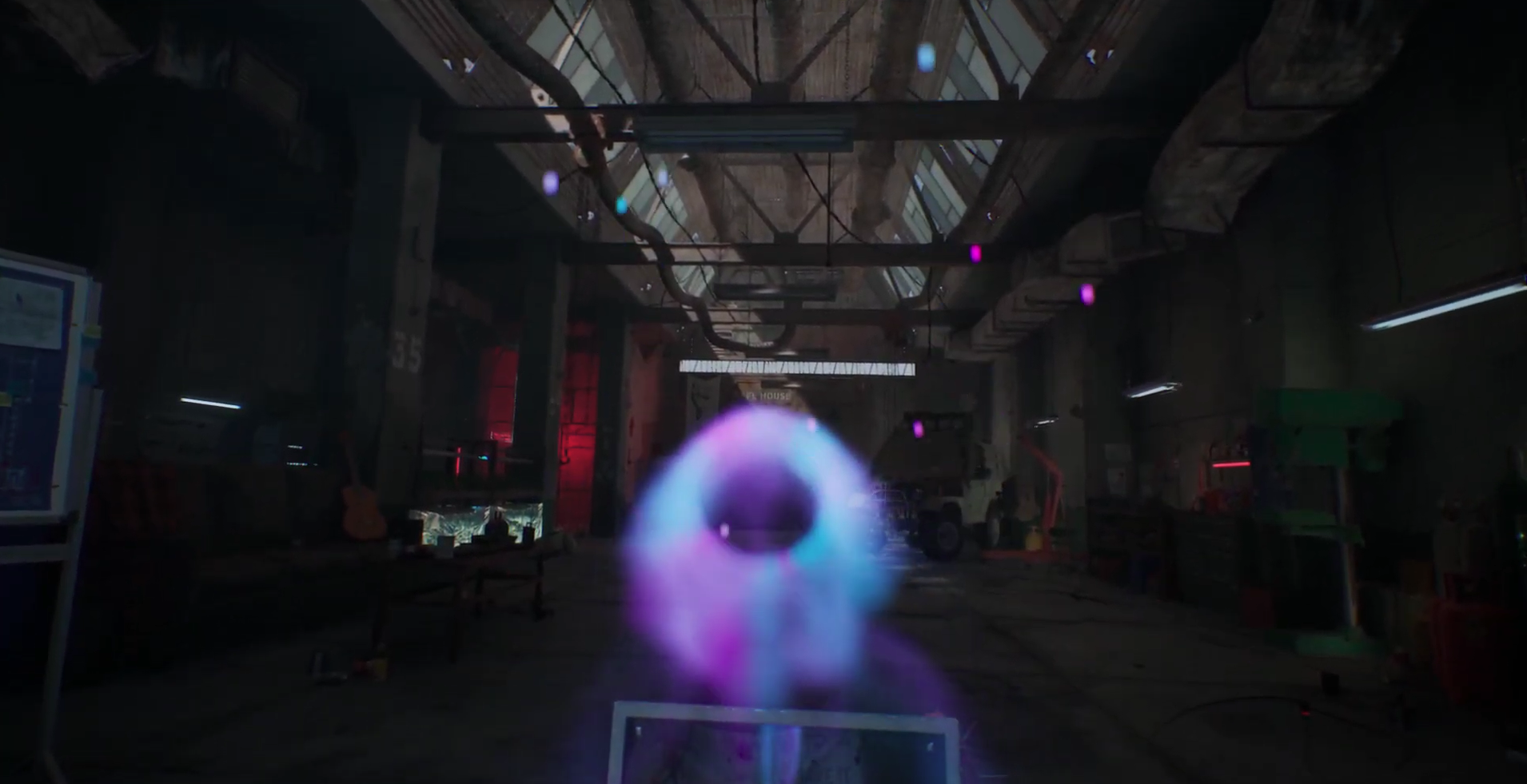 Hayze smoke art with glowing iridescent ring in industrial warehouse